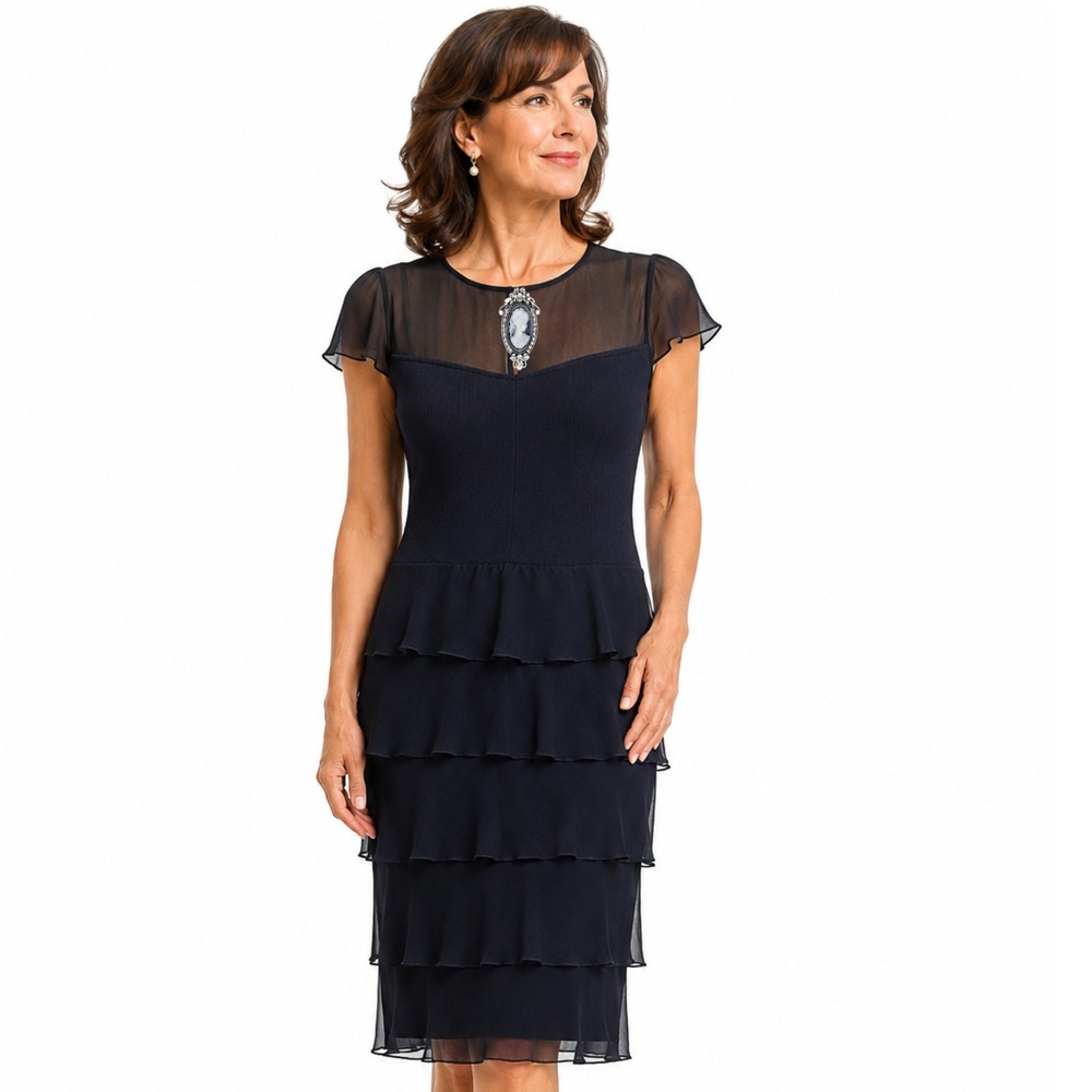 St John Evening‎ Navy Blue Tiered Ruffle Sheer Yoke Cocktail Dress Size 4